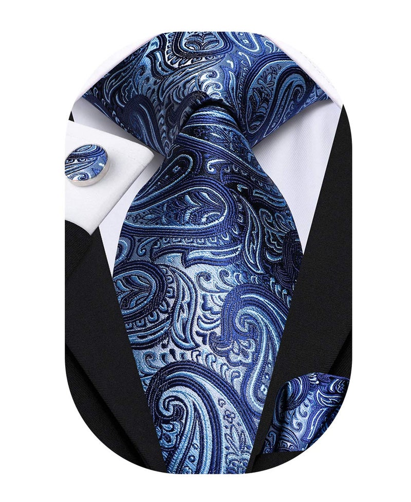 Hi-Tie Silk Paisley Ties for Men Necktie Pocket Square Cufflinks Set Foral Tie Sets Formal Business,Blue - Image 1
